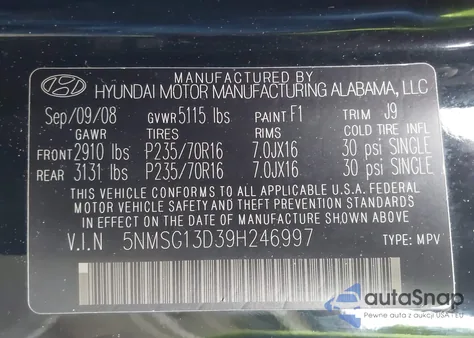 2009 Hyundai Santa Fe Gls from USA, damaged, VIN 5NMSG13D39H246997